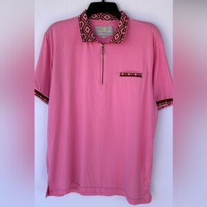 Suslo Couture Men’s 1/4 Zip Polo Shirt Patterned Collar & Cuffs Pink Size Large